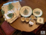 Eleven Pieces of Spode Christmas Tree Pattern China, Tablecloth, Napkins, and Coasters