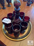 Avon Cranberry Color Decanter and Eight Glasses on Tray