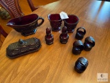 Avon Cranberry Color Gravy Boat, Sugar, Creamer, Butter Dish, Salt and Pepper Shakers