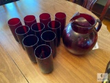 Vintage Red Glass Pitcher with Ten Glasses
