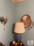 Lot of Lamp, Clocks, and Wall Decorative around Dresser