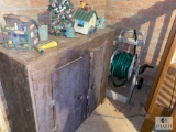 Garden Hose and Reel, Wooden Cabinet and Contents in Carport