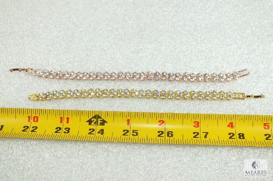 Lot of 2 Costume Tennis Jewelry Bracelets - gold & rose gold tone with clear rhinestones 7" each