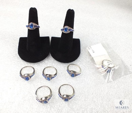 Lot of 8 Size 7 Costume Jewelry Rings silver tone with Blue & clear Rhinestones