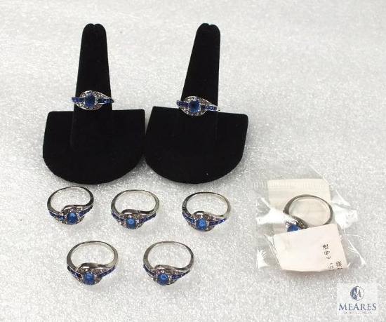 Lot of 8 Size 9 Costume Jewelry Rings silver tone with Blue & clear Rhinestones