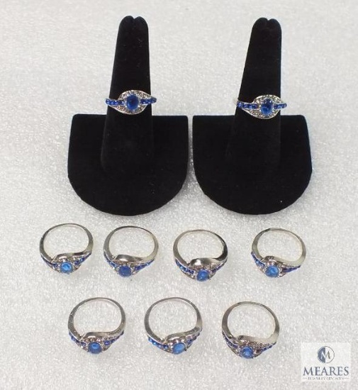 Lot of 9 Size 8 Costume Jewelry Rings silver tone with Blue & clear Rhinestones