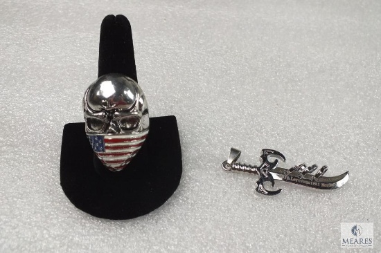 Lot Mens Skull Ring with American Flag bandana (size 10) & Dagger Sword Pendant