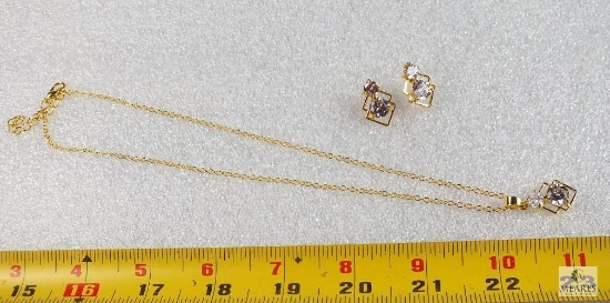 Set of gold tone Costume jewelry Necklace & Matching earrings with clear rhinestones