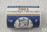 US MINT UNC $10 roll of Kennedy Half Dollars - 2001-P