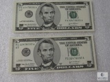Lot of (2) crisp sequentially numbered uncirculated US small size $5 notes