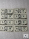 Lot of (8) uncirculated sequentially numbered small size US $5 star notes