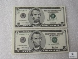 Lot of (2) sequentially numbered crisp uncirculated small size $5 notes
