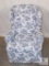 Wingback Occasional Chair Wood Carved Legs & Blue and White Toile Slipcover