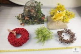 Lot of faux Floral arrangements includes Birdhouse, Tin Sconce, and more