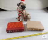 Lot of (2) Vintage Books and Pug Christmas Figurine (broken paw)