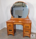 Art Deco Style - Modern 4-Drawer Vanity with Round Mirror & Brass and amber acrylic handles