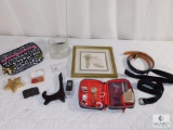 Lot of Travel Charging Cables, Religious Framed Print, Cosmetic Bag, Glass Holders, and more