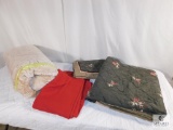 Lot Large Soft Fleece Blankets, and Comforter Set - Dark Green with Floral accents