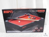 ESPN Tabletop pool Table Game includes table, (2) pool sticks, ball set, brush & chalk