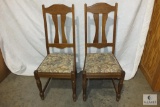 Set of (2) Solid Oak Dining Room Chairs with floral tapestry Upholstered Seats