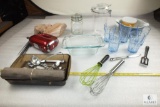 Lot of Kitchen Items - Canisters, Oster hand Mixer, Whisks, Bread Pan, Bowls and more