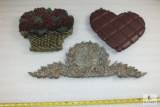 Lot of 3 Wall Plaques - Scroll Design, Quilted Heart & Floral Basket with chain for Hanging