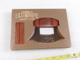 New Alaskan Ulu knife with wood holder. Perfect for cutting veggies or meat in home or hunting camp.