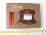 New Alaskan Ulu knife with wood holder. Perfect for cutting veggies or meat in home or hunting camp.