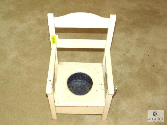 Antique Childs Potty Chair - White wood with metal basin