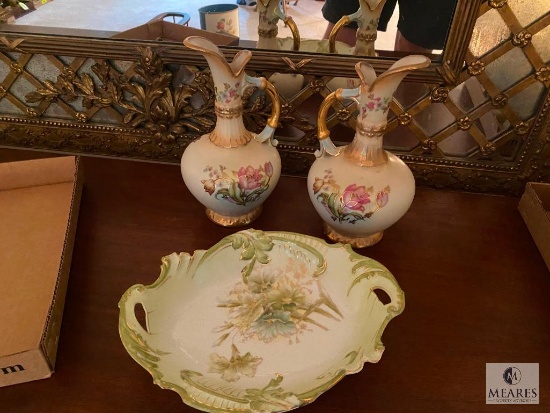 Lot of two Porcelain Pitchers and Tray - all with gold trim