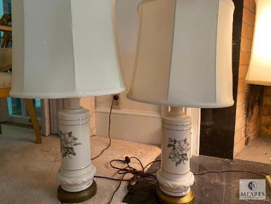 Pair of Ceramic Base Table Lamps with Magnolia Flower Motif