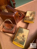 Lot Victorian Print Plaques & Brass Horse Stirrup Bookends