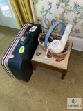 Lot Vintage Ventura Suitcase, Assorted Hair Care Items, and Needlepoint Wood Stool