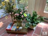 Lot of assorted faux flowers and small vases