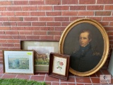 Four framed pieces - one oval military portrait