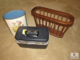 Lot of Wooden Magazine Rack, Tin Wastebasket and Vintage Samsonite Cosmetic Case