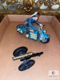 Toy lot: Cast and brass Cannon and Tin Motorcycle with Rider (no mechanism)