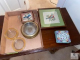 Decorative lot of coasters and needlepoint bird