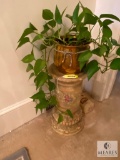 Glazed Ceramic Plant Stand with Brass Pot and Plant