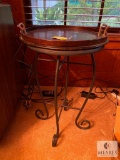 Wrought Iron Plant Stand with Glass top & Round Wooden Tray