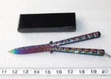 New Butterfly Knife 440 Stainless in Rainbow with 3-D Skull Motif