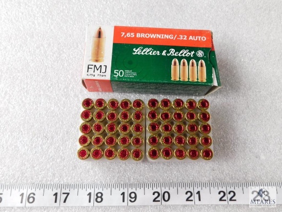 50 Rounds Sellier & Bellot 7.65 Browning / .32 Auto Ammo FMJ 73 Grain