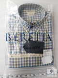 New Beretta Mens Beige Check Classic Drip Dry Button Up Shirt Sz Large