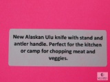 New Alaskan Ulu Knife with Stand and Antler Handle - great for Kitchen or Camp Chops Meat & Veggies