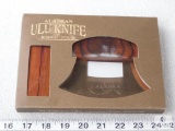 New Wood Handle Alaskan Ulu Knife with Copper Blade & Wood Holding Block