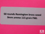 50 rounds Remington Brass cased 9mm ammo 115 grain FMJ
