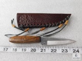 New Burlwood handle stainless fixed blade skinner with leather carrying sheath