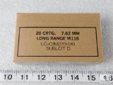 20 rounds Lake City M118 7.62x51 long range ammunition