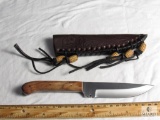 New burlwood handle fixed blade stainless skinner with leather sheath