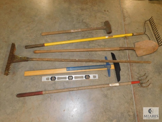 Lot of Yard Tools - Gravel Rake, Shovel, Sledge hammer, Level, Cultivator and more